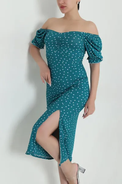 Zümrüt Yeşili Yaka ve Kol Lastikli Helen Kadın Elbise 463069