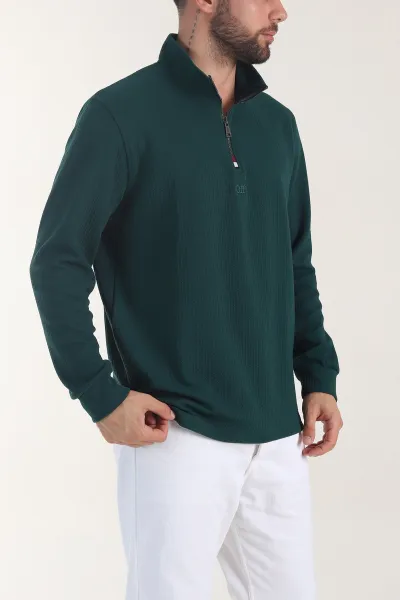Zümrüt Yeşili Yarım Fermuarlı Dik Yaka Dokulu Erkek Sweatshirt 406818