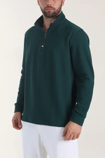 Zümrüt Yeşili Yarım Fermuarlı Dik Yaka Dokulu Erkek Sweatshirt 406818
