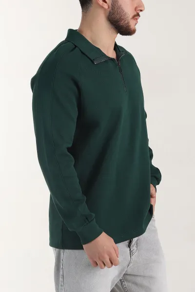 Zümrüt Yeşili Yarım Fermuarlı Dik Yaka Erkek Sweatshirt 404800