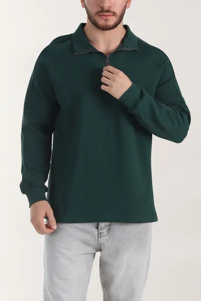 Zümrüt Yeşili Yarım Fermuarlı Dik Yaka Erkek Sweatshirt 404800