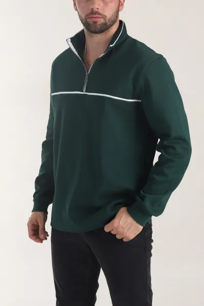 Zümrüt Yeşili Yarım Fermuarlı Dik Yaka Erkek Sweatshirt 404819