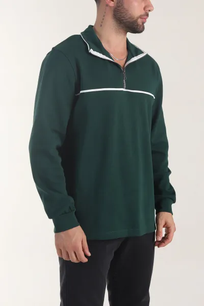Zümrüt Yeşili Yarım Fermuarlı Dik Yaka Erkek Sweatshirt 404819