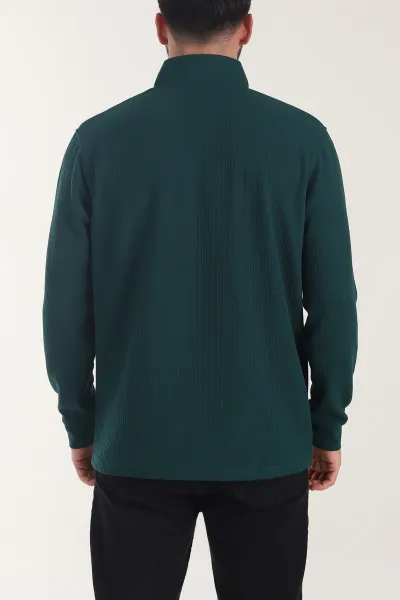 Zümrüt Yeşili Yarım Fermuarlı Dokulu Dik Yaka Erkek Sweatshirt 406932