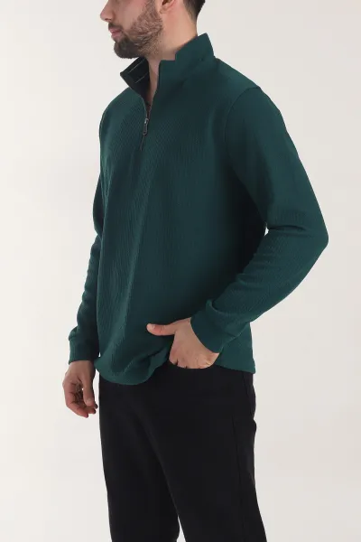 Zümrüt Yeşili Yarım Fermuarlı Dokulu Dik Yaka Erkek Sweatshirt 406932
