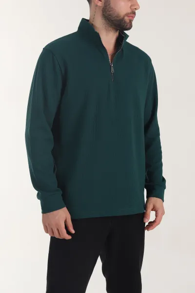 Zümrüt Yeşili Yarım Fermuarlı Dokulu Dik Yaka Erkek Sweatshirt 406932