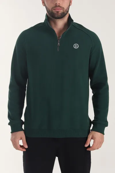 Zümrüt Yeşili Yarım Fermuarlı Nakış Detaylı Erkek Sweatshirt 406848