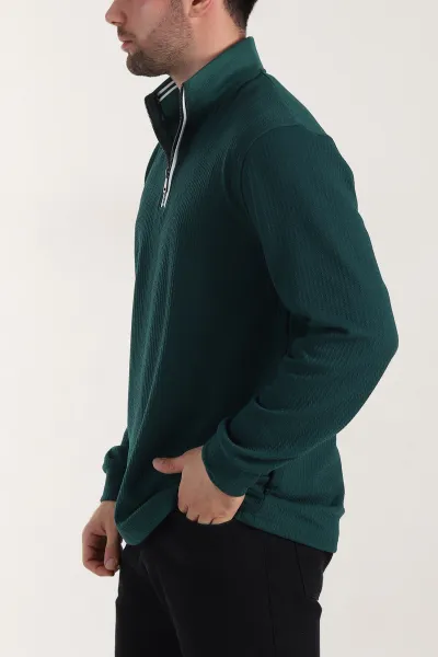 Zümrüt Yeşili Yarım Fermuarlı Polo Yaka Erkek Sweatshirt 410867