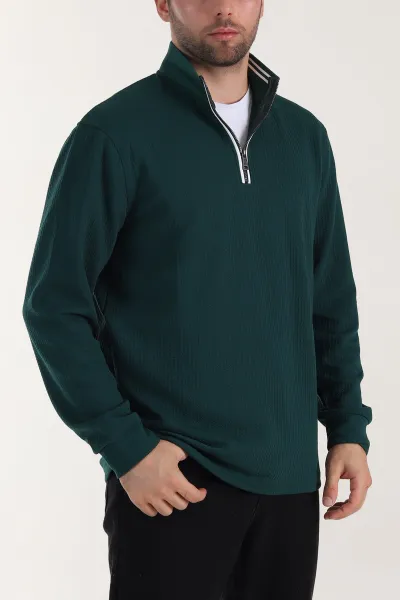 Zümrüt Yeşili Yarım Fermuarlı Polo Yaka Erkek Sweatshirt 410867