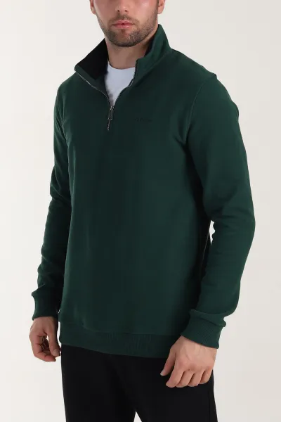 Zümrüt Yeşili Yarım Fermuarlı Polo Yaka Erkek Sweatshirt 410875